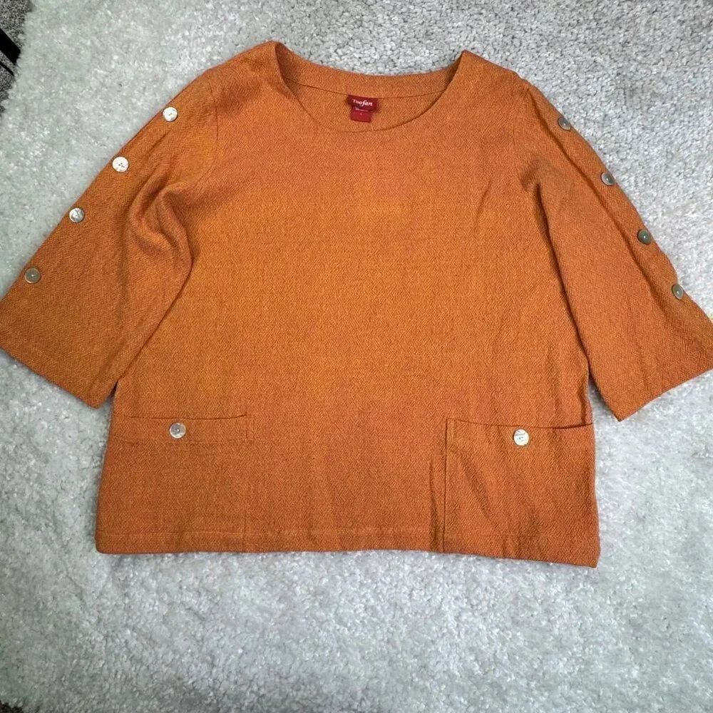 Toofan Round Neck 3/4 Sleeves Button Top Orange Large NEW
